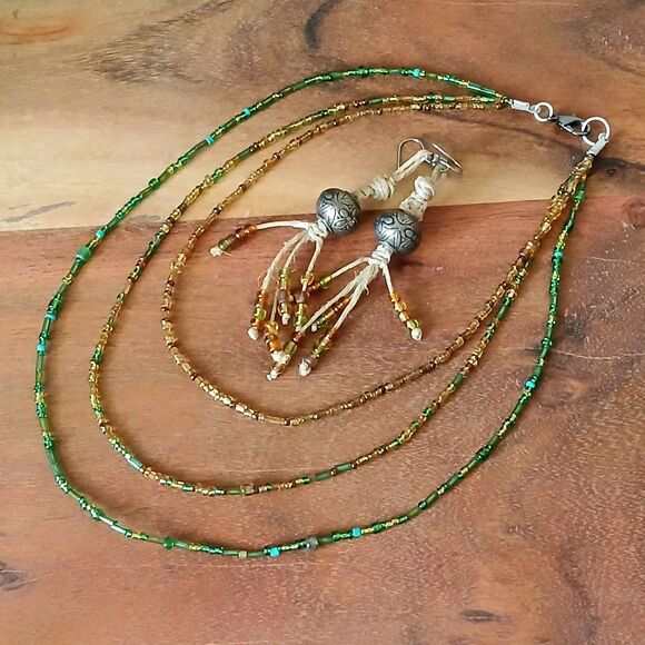 Seed Bead Necklace & Earring Set, Macrame Dangle Earrings, Layered Necklace 2 PC - Picture 1 of 7